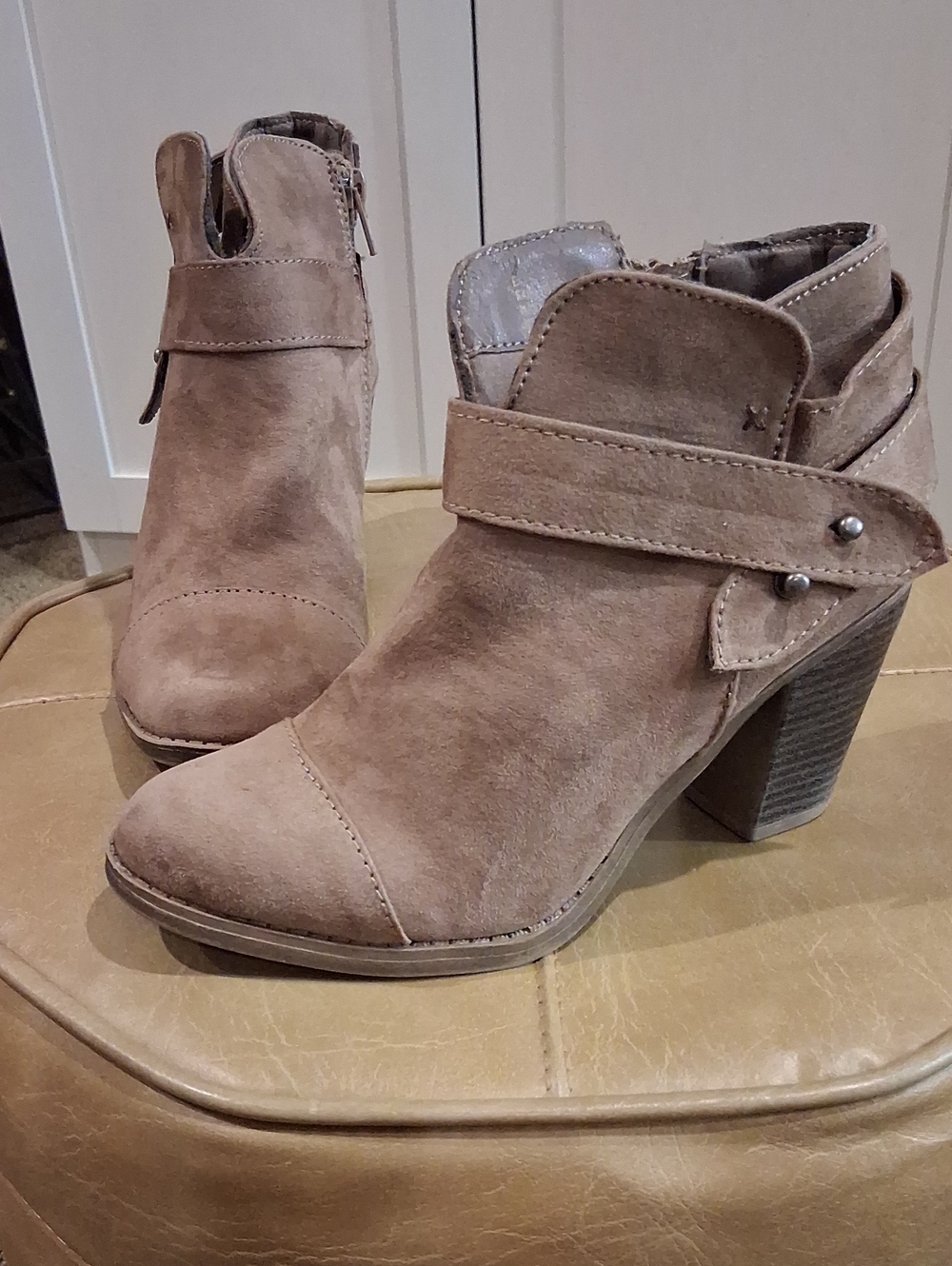 Suede Ankle Booties with Block Heel - Taupe